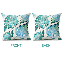 Front and back of the aqua palm print outdoor cushion covers