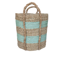 Side view of large storage baskets in the large size mint green and natural stripe