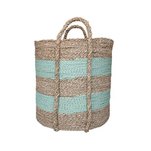 Side view of striped large baskets in extra large size with sage green and natural stripe