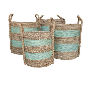 Large baskets set of four with sage green and natural palm leaf stripes with handles