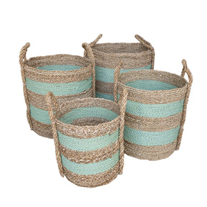 Set of four large baskets in sage green and natural coloured stripe handwoven pattern