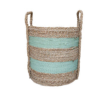 Front view of large planter basket mint green and natural stripe