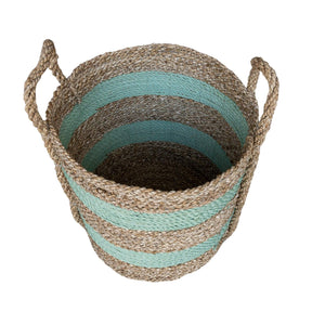Top view of mint green and natural stripe large planter basket in large size 