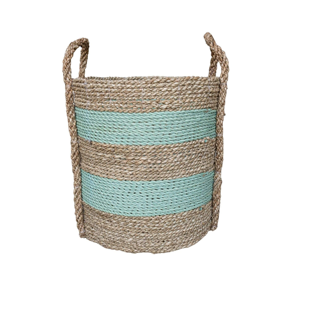 Front view of mint green and natural stripe planter basket medium size