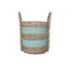 Front view of mint green stripe large planter basket in the small size