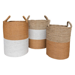 Set of three brown white mix tall baskets