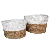 Set of two white and natural round wide baskets