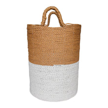 Side view of the brown white mix tall laundry baskets
