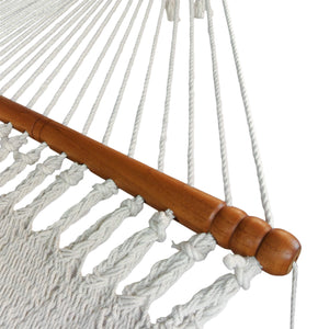 Closeup of the wooden spreader bars on the whitehaven white hammock