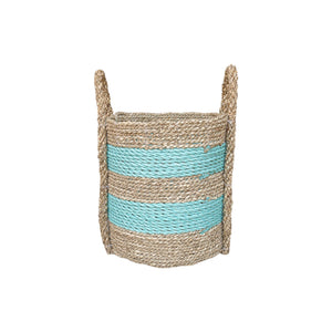 Handmade aqua large basket in small size front view with thick stripe woven pattern
