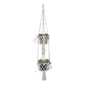 Full view of the double white macrame pot holder holding a pot plant - Silver Falls