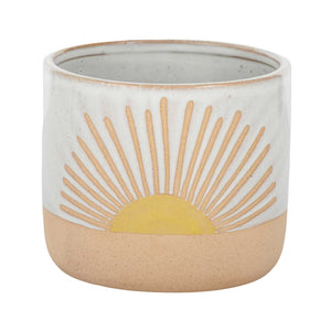 Front of the sunrise ceramic pot with sun design