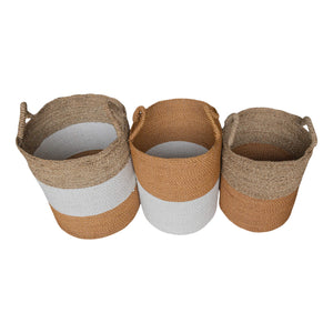 Top view of the set of three brown white mix tall laundry baskets