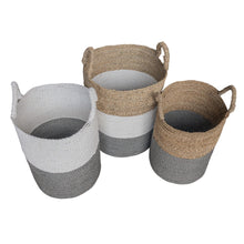 Top view of set of three grey white mix tall laundry baskets