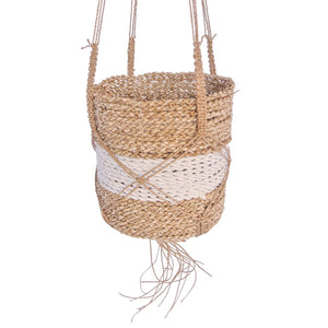 Hanging basket natural with white stripe view of top and side