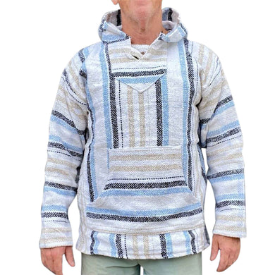 Front view of the white blue stripe baja hoodie