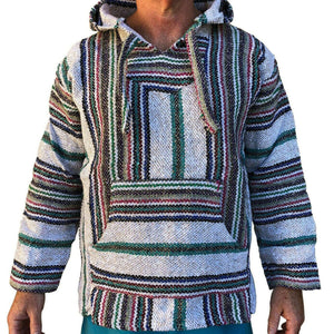 Front view of the white coloured stripe baja hoodie