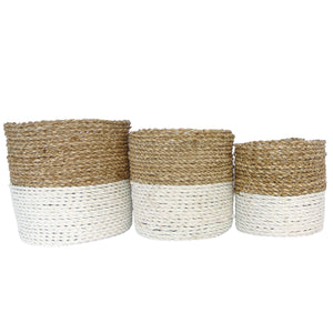 Front view of white small baskets set of three