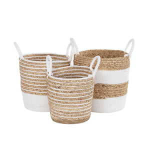Set of three white stripe baskets with handles