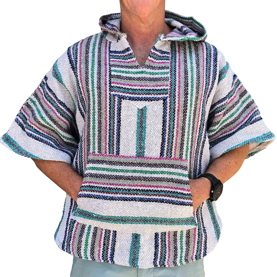 Front view of white stripe short sleeve baja hoodie or surf cape