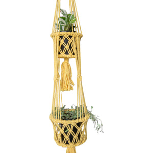 Yellow macrame plant hangers double size styled with hanging plants