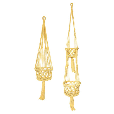 Yellow macrame plant hangers in single and double size