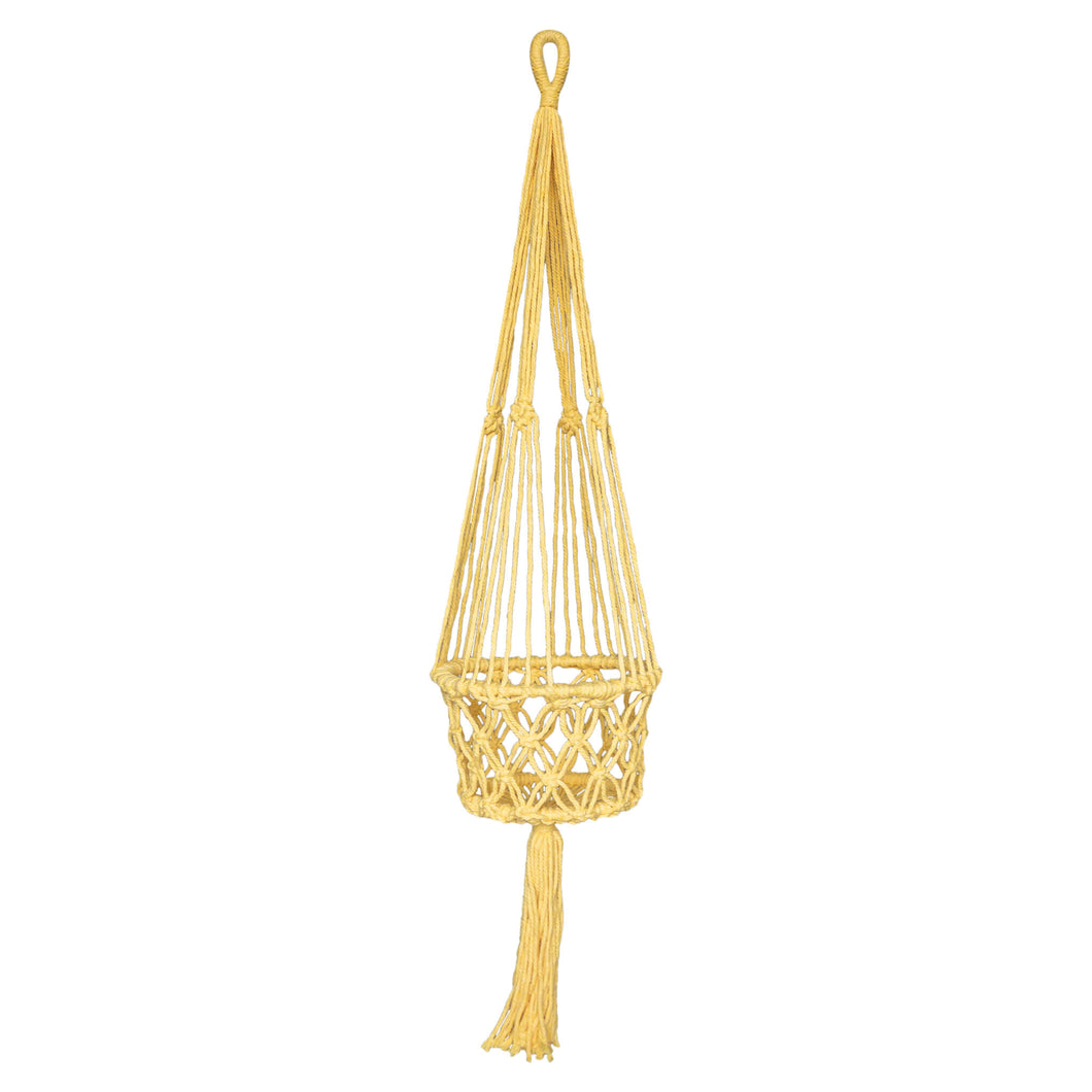 Yellow macrame plant holder full view of the single size